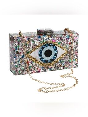 CITY ONE SILVER MULTICOLOR GLITTER EVIL EYE CLUTCH CROSSBODY BAG